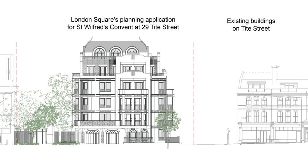 Architectural elevation drawing comparing London Square’s proposed redevelopment of St Wilfrid’s Convent at 29 Tite Street with the existing buildings on Tite Street. The proposed building is shown on the left, taller and more detailed with six storeys plus roof structures, while the existing buildings on the right are lower and simpler in form. Labels identify each section.