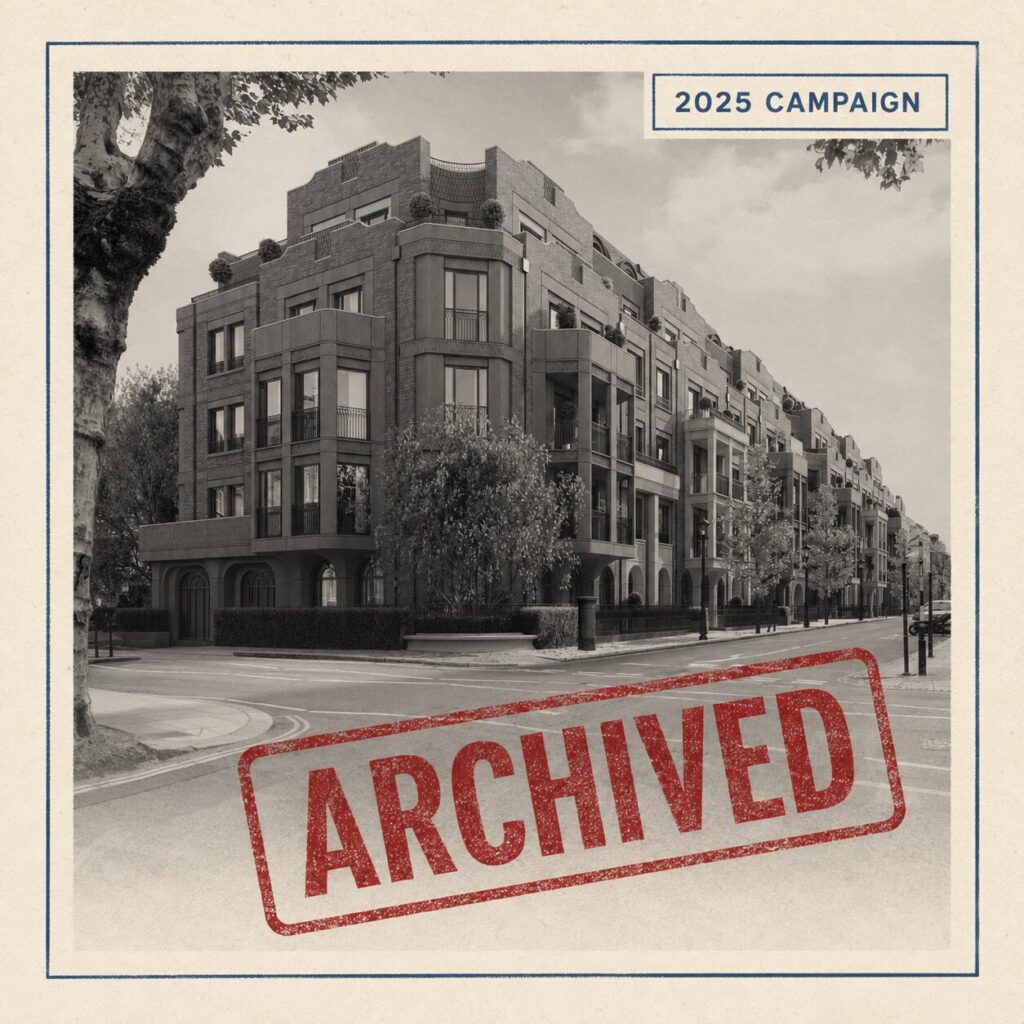 Black-and-white visualisation of London Square’s withdrawn 2025 scheme, labelled “2025 Campaign” and stamped “Archived” in red.
