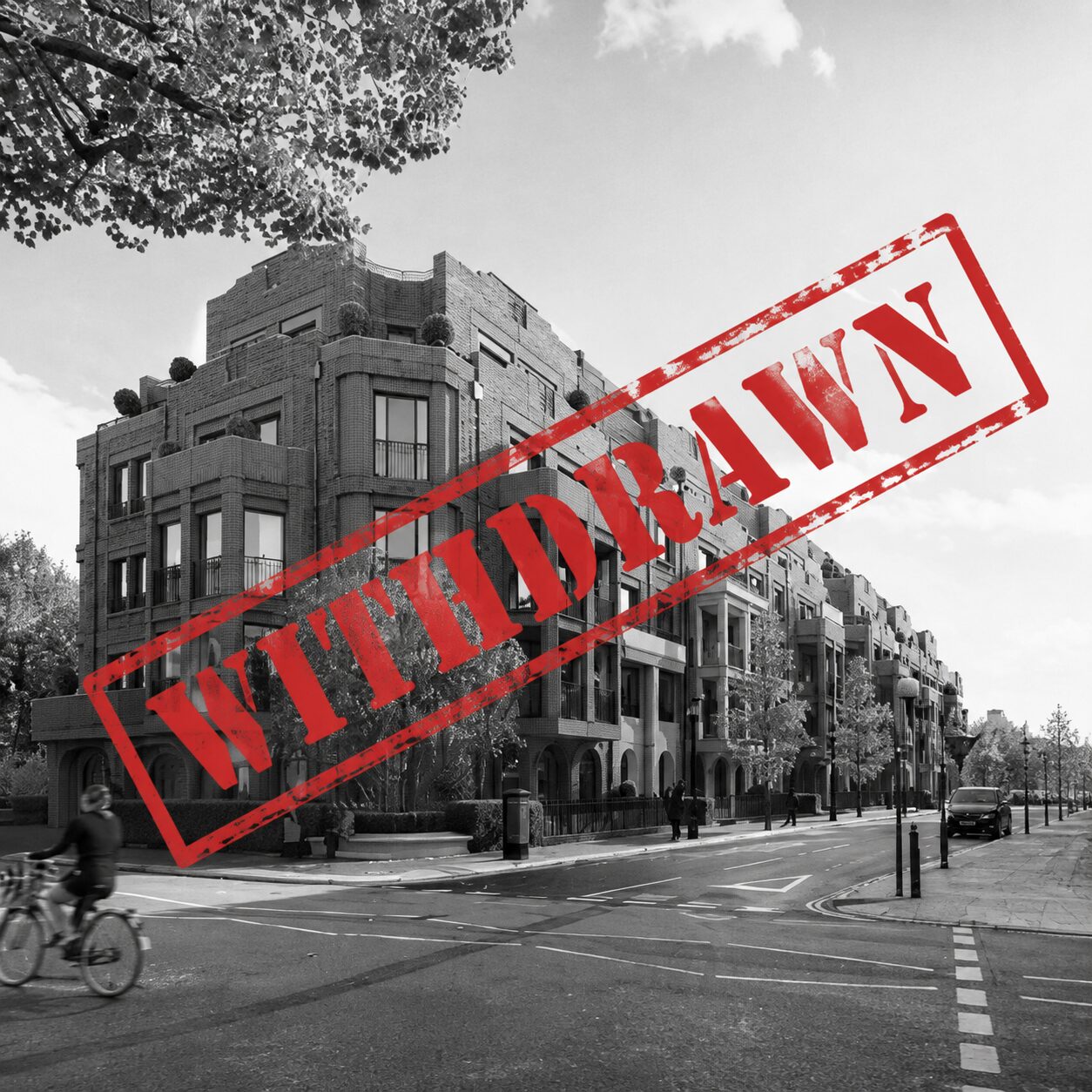 Black-and-white image of London Square’s withdrawn 2025 proposal for St Wilfrid’s, stamped “WITHDRAWN” in red.