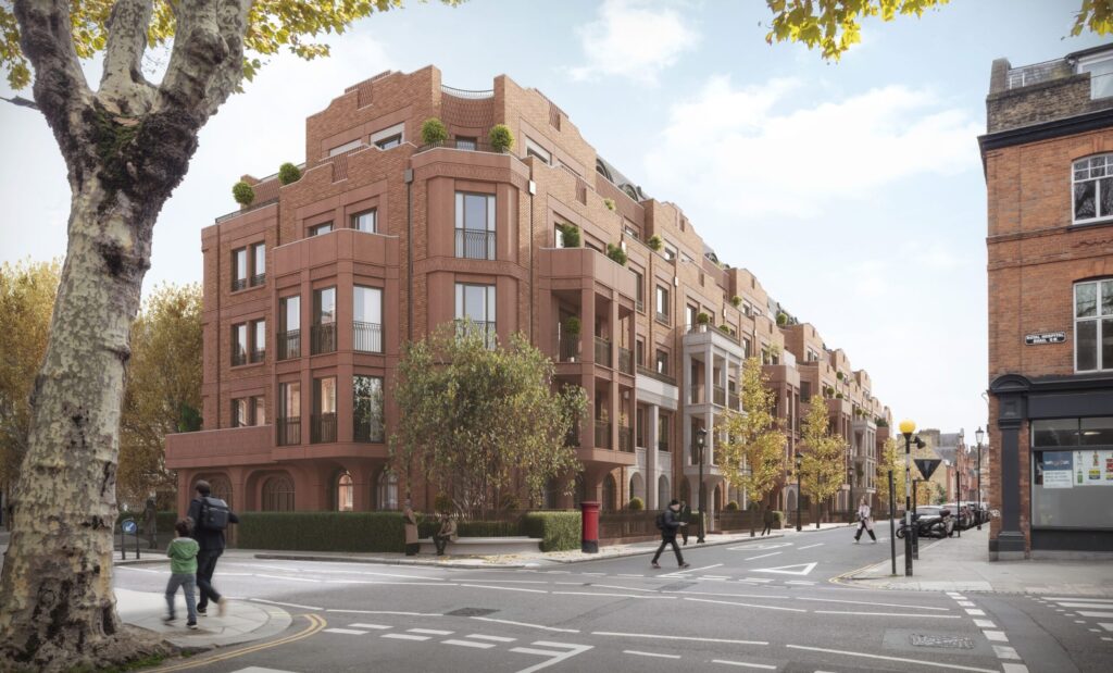 Royal Hospital Road corner – 2025: “2025 visualisation from the Royal Hospital Road corner showing the withdrawn scheme as a large red-brick block extending along Tite Street.