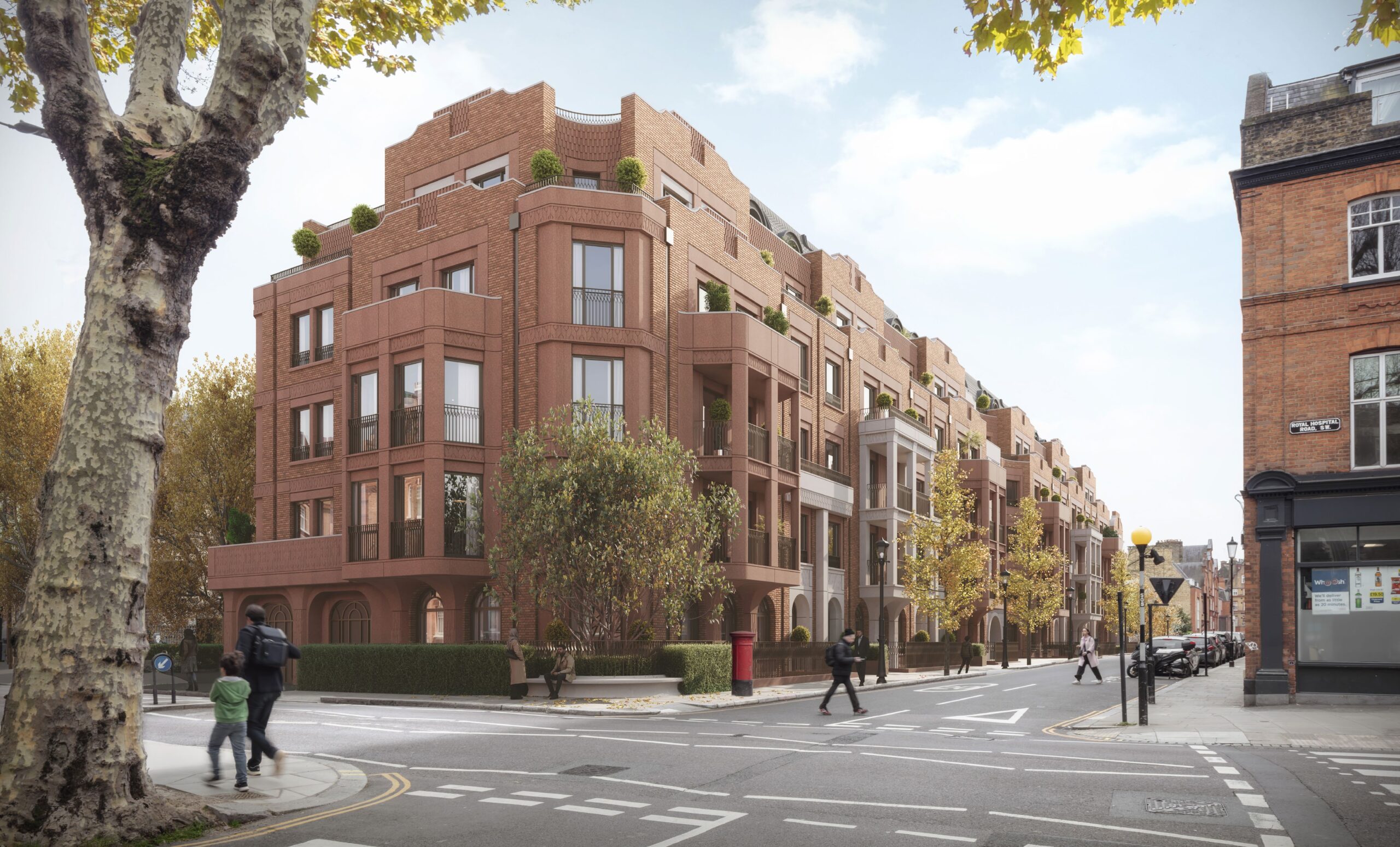 Royal Hospital Road corner – 2025: “2025 visualisation from the Royal Hospital Road corner showing the withdrawn scheme as a large red-brick block extending along Tite Street.