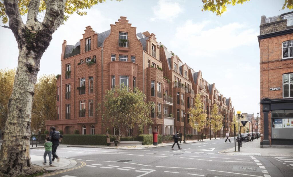 Royal Hospital Road corner – 2026: “2026 visualisation from the same corner showing a more detailed façade and varied roofline, but a similarly tall and extensive frontage.